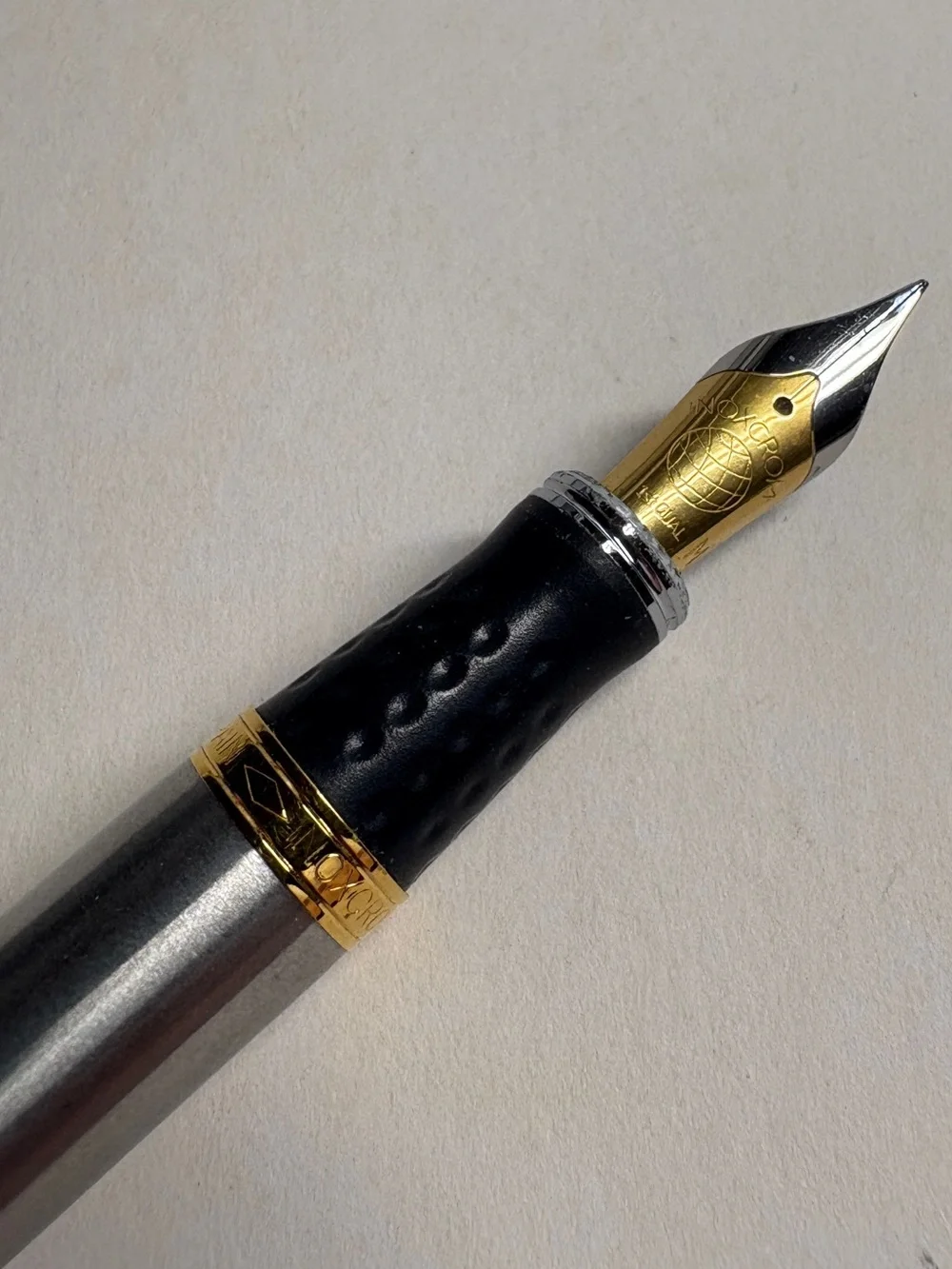 Vintage Inoxcrom Fountain Pen Silver Tone Gold Tone Trim Black Grip Spain